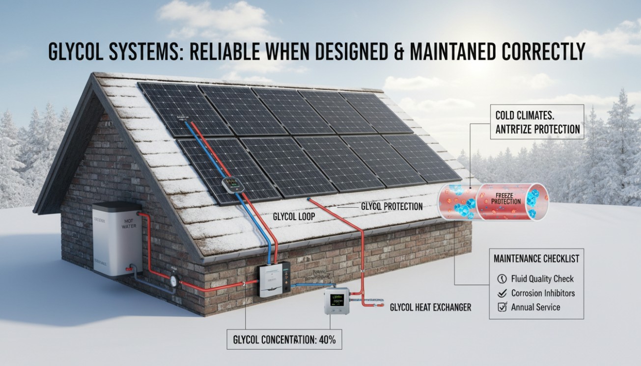 Glycol solar thermal system for flat plate collectors in cold climates with antifreeze protection, glycol loop, heat exchanger, and maintenance checklist